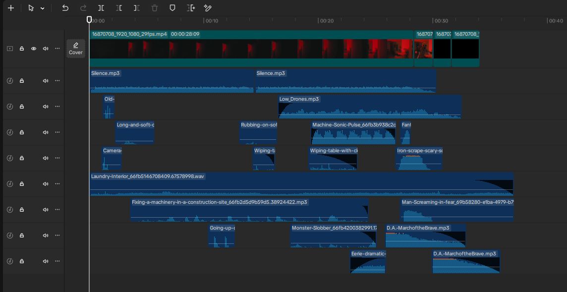 Screenshot of a video editing timeline showing multiple sound effect layers used in horror sound design to create an unsettling atmosphere.