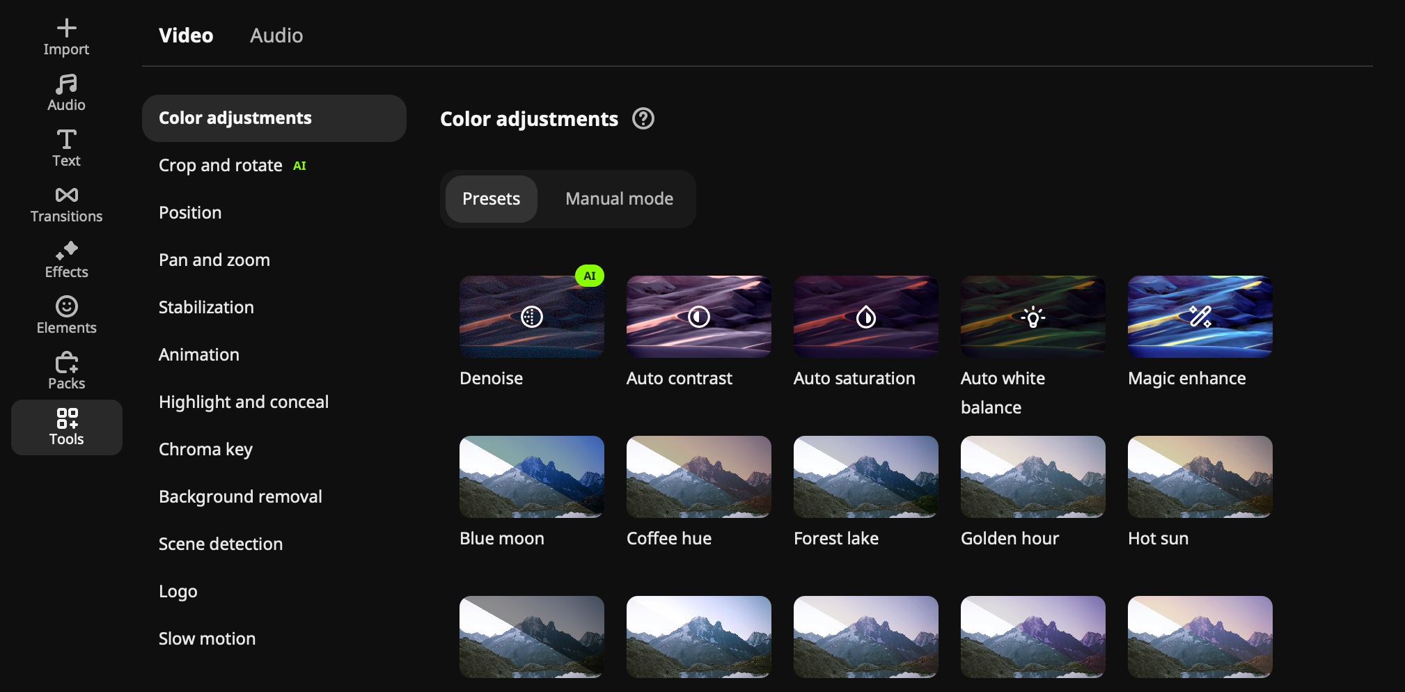 Captura de pantalla de los ajustes preestablecidos de color de Movavi.
