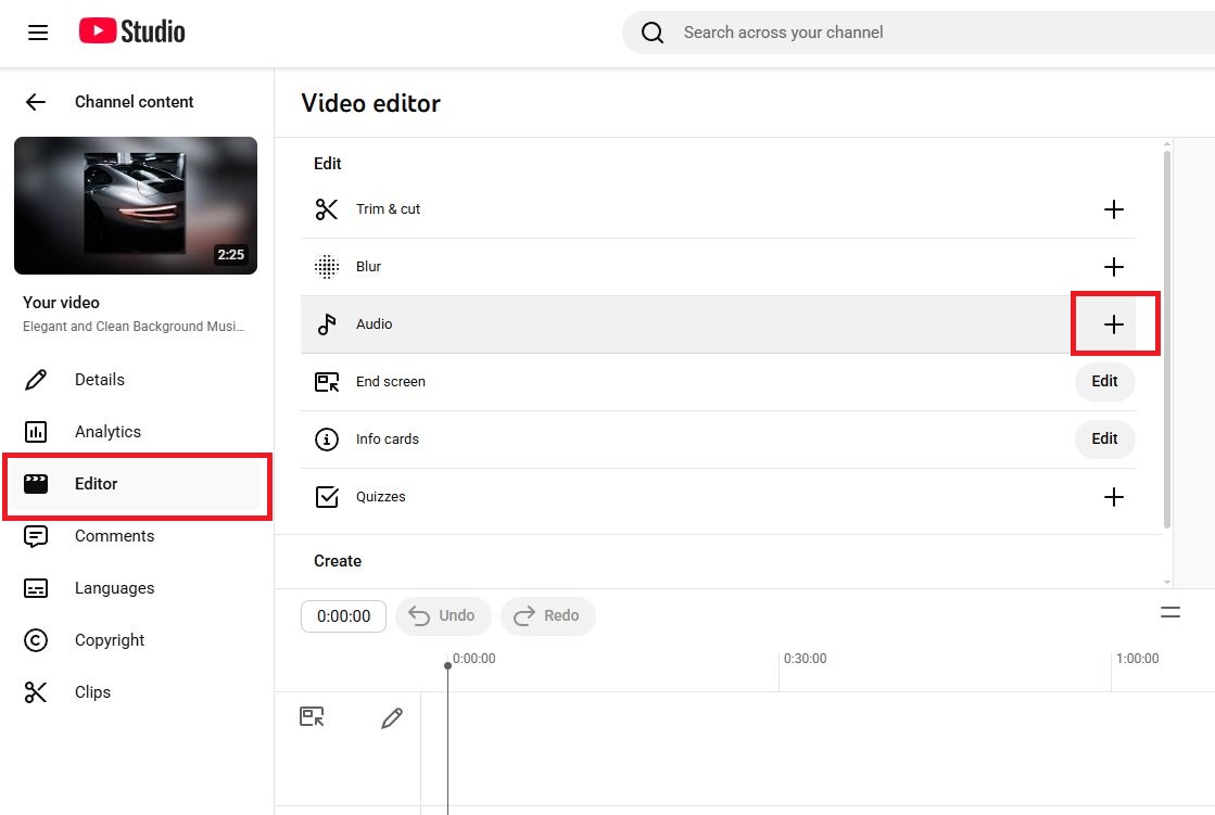 A screenshot explaining how to use YouTube Studio to add music.