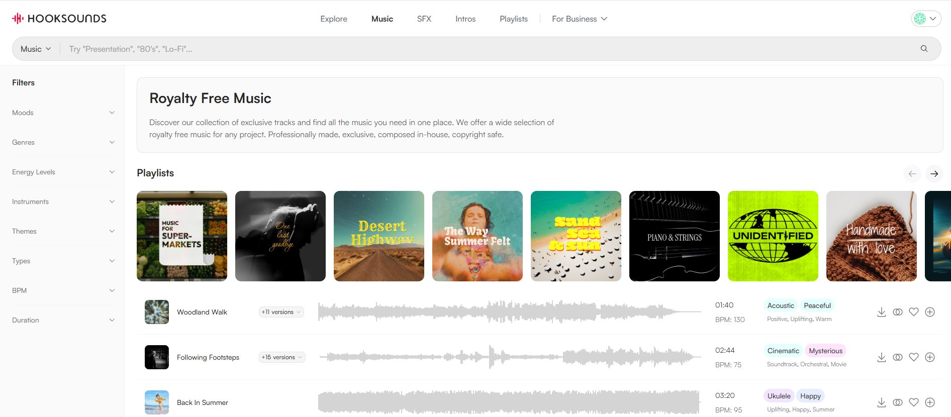 Screenshot der HookSounds-Seite für GEMA-freie Musik – GEMA-freie Musik ist der beste Weg, Copyright-Claims auf YouTube zu vermeiden.