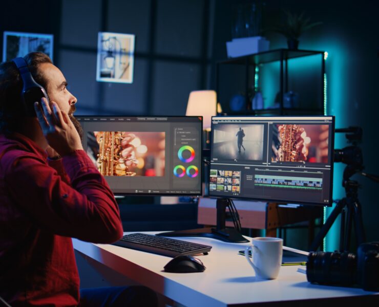 Ein Mann hört mit Kopfhörern während er ein Video am PC bearbeitet. 