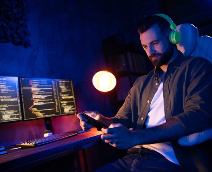 Um homem escrevendo código, olhando para o telefone com fones de ouvido