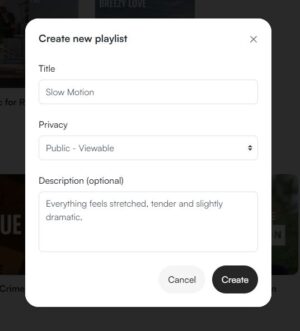 Uma captura de tela da janela modal para criar uma lista de reprodução de música.
