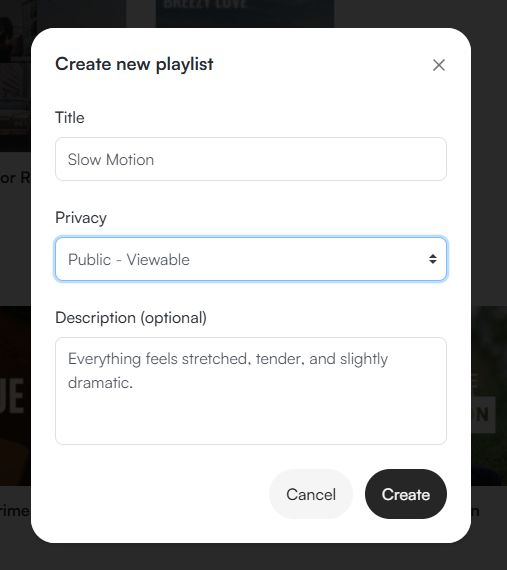Una captura de pantalla del modal para crear una lista de reproducción de música.