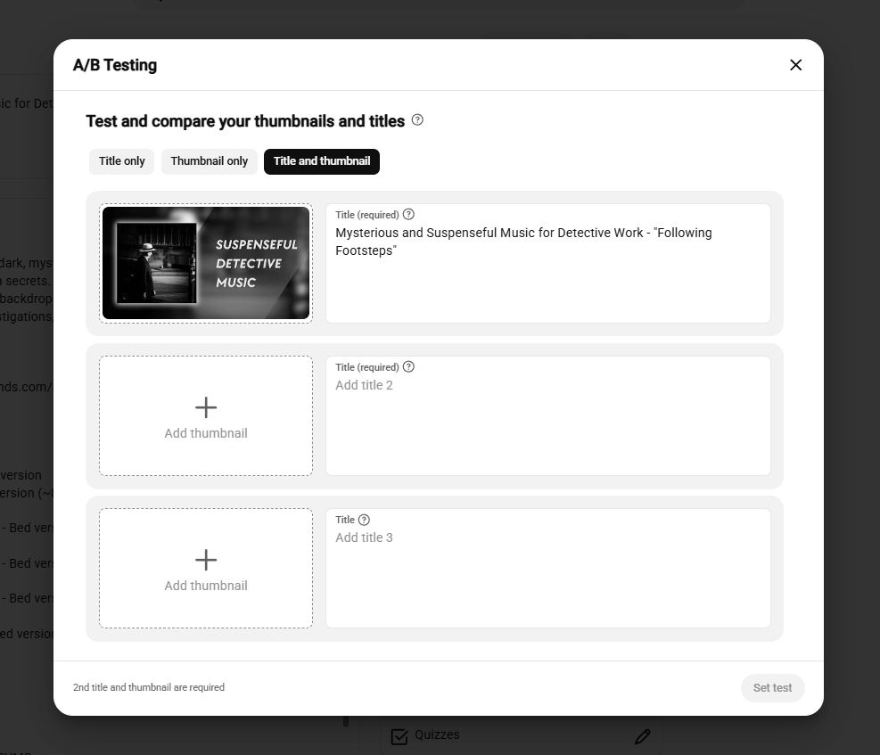 Ein Screenshot, der die Einrichtung eines A/B-Tests für Titel und Thumbnail in YouTube Studio zeigt.