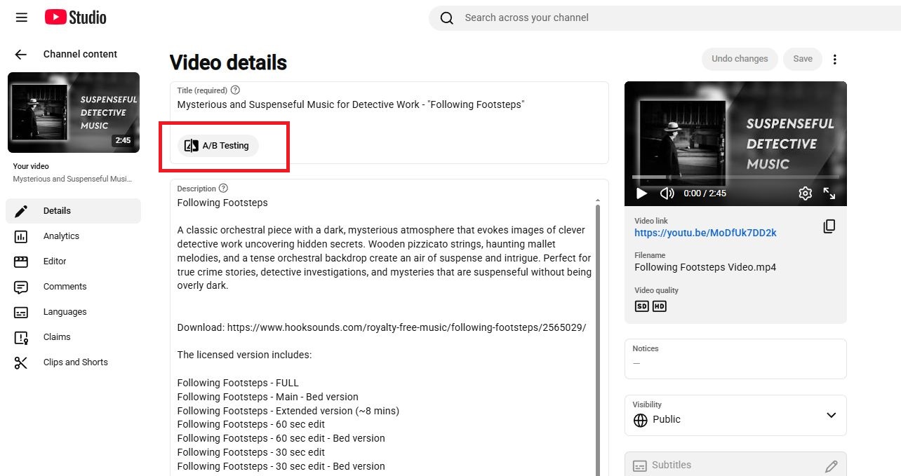 Ein Screenshot, der die A/B-Testing-Schaltfläche auf der Videobearbeitungsseite hervorhebt.