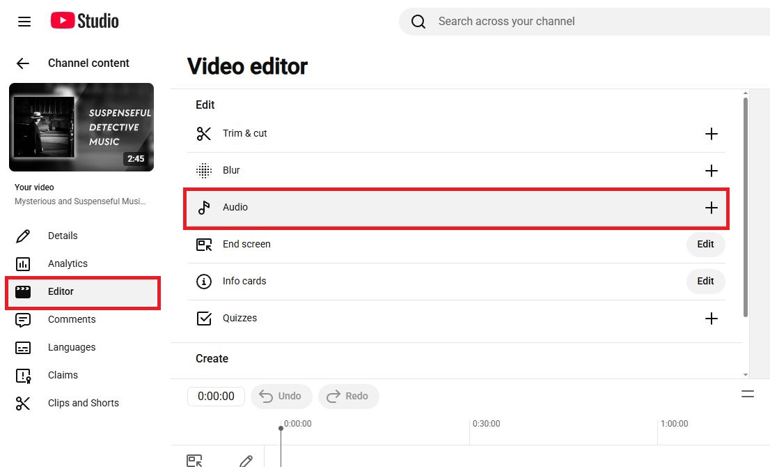 Ein Screenshot, der die Option „Audio hinzufügen“ im Video-Editor von YouTube Studio hervorhebt.