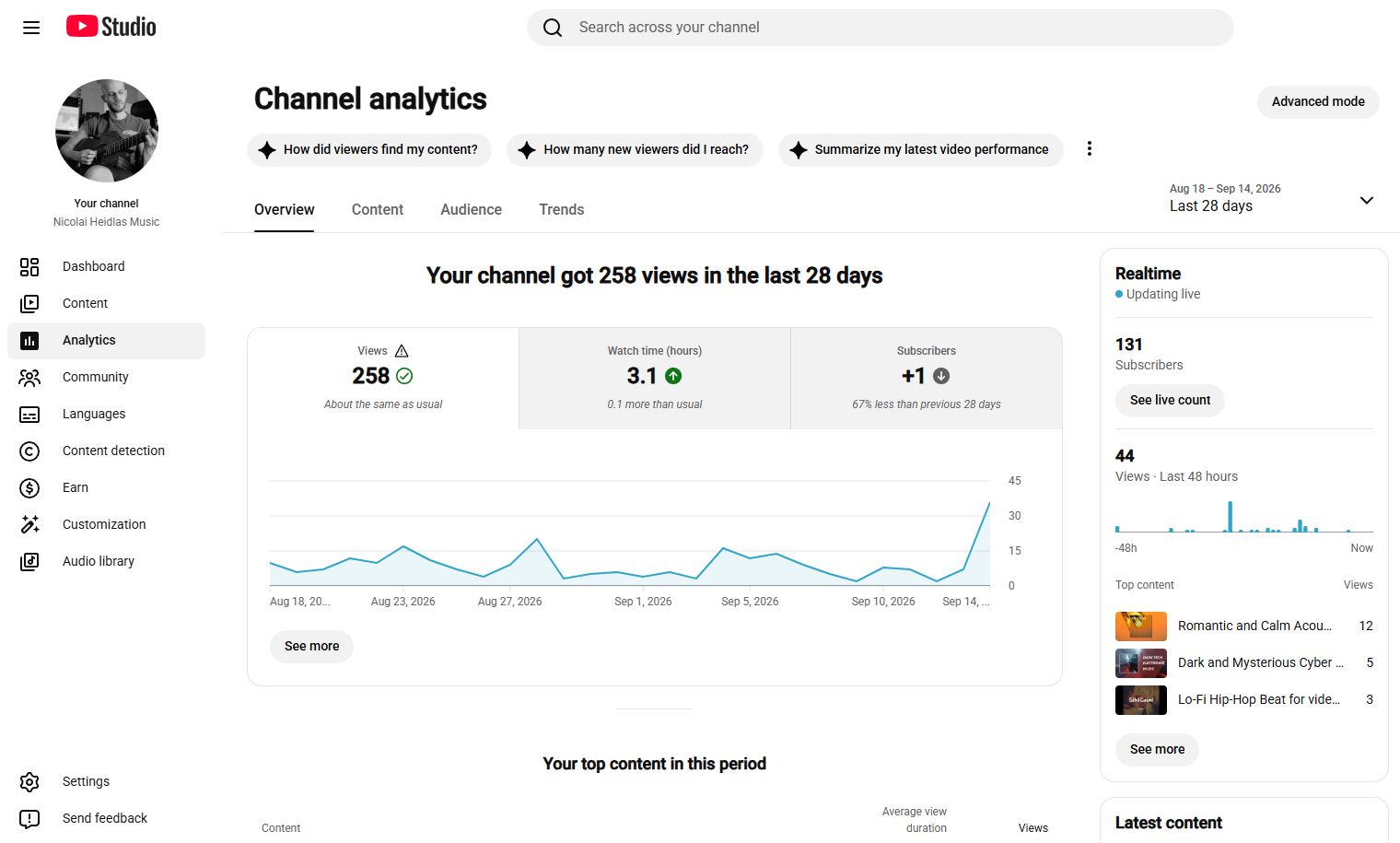 Ein Screenshot, der die Übersicht des Analytics-Bereichs in YouTube Studio zeigt.