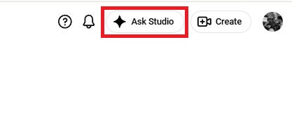 Ein Screenshot, der die Position der Ask-Studio-Schaltfläche in YouTube Studio hervorhebt.