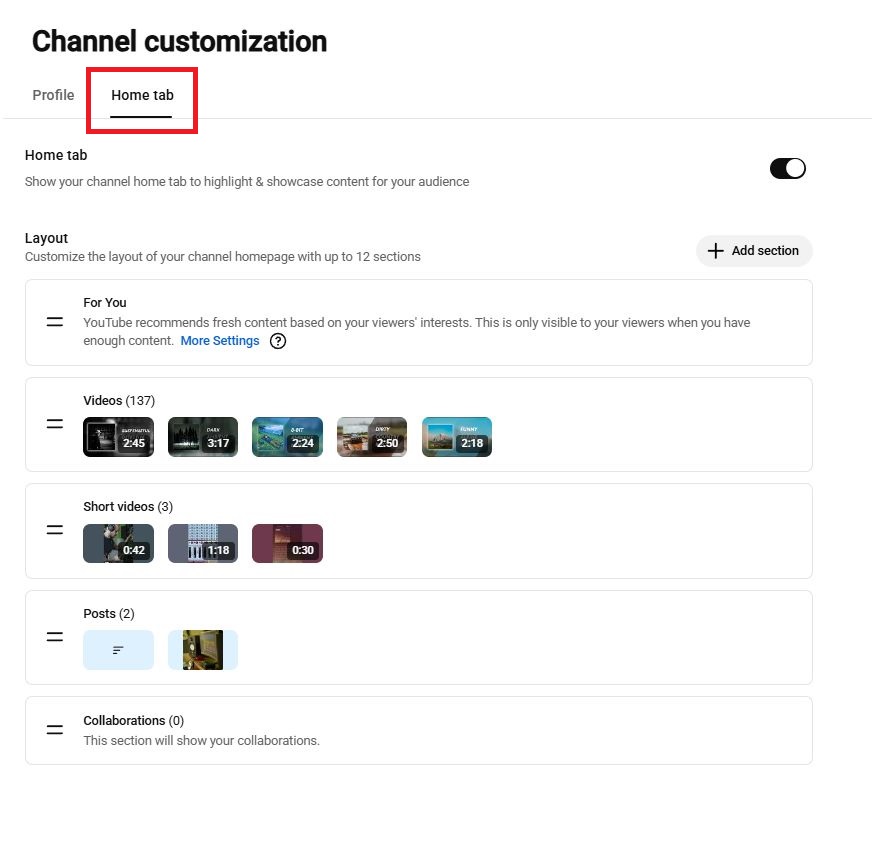 Ein Screenshot, der den Bereich „Startseite“ im Anpassungsbereich von YouTube Studio zeigt. Hier kannst du die Reihenfolge der Kategorien auf der Hauptseite deines Kanals ändern.