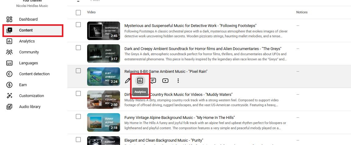 Ein Screenshot, der die Analytics-Option für ein einzelnes Video im Inhaltsbereich von YouTube Studio hervorhebt.