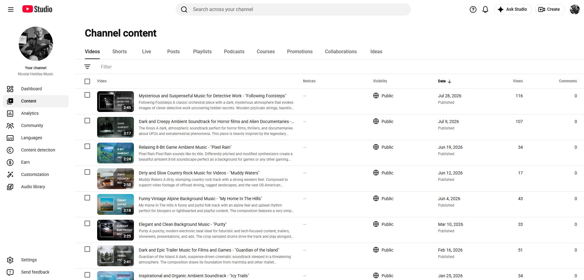Ein Screenshot, der den Bereich „Inhalte“ in YouTube Studio zeigt.