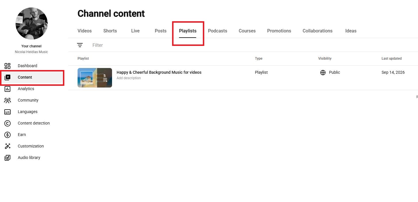 Ein Screenshot, der die Playlist-Kategorie im Inhaltsbereich von YouTube Studio hervorhebt.