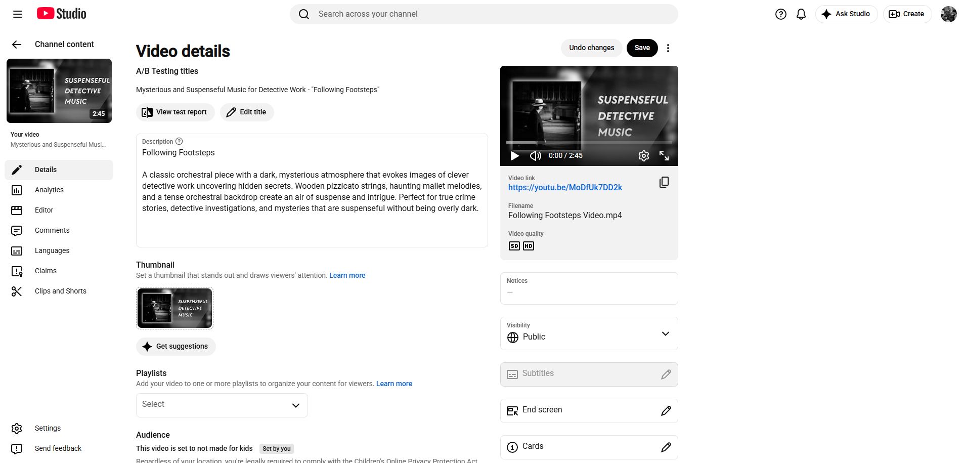 Ein Screenshot, der die Seite zum Bearbeiten der Videodetails in YouTube Studio zeigt.