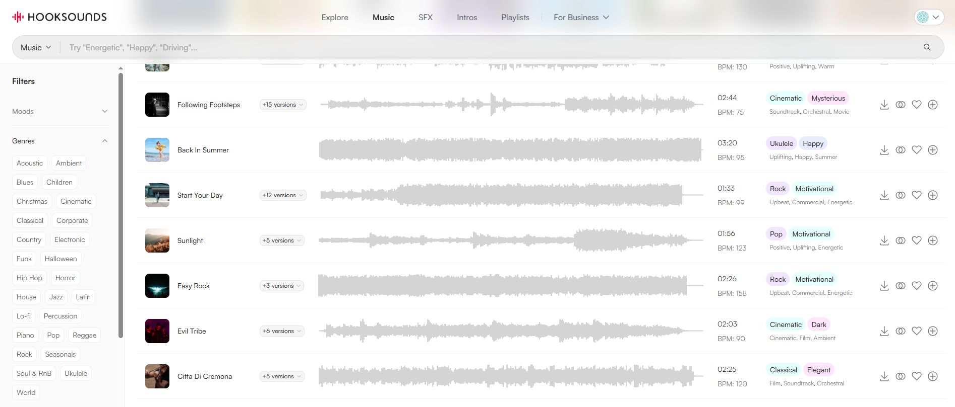 Ein Screenshot, der die Bibliothek für GEMA-freie Musik auf HookSounds zeigt.