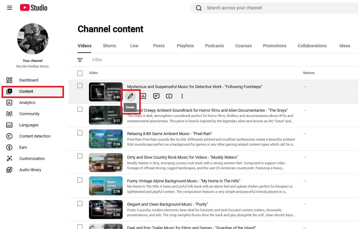 Ein Screenshot, der zeigt, wo die Details eines YouTube-Videos innerhalb des Tabs „Inhalte“ bearbeitet werden können.