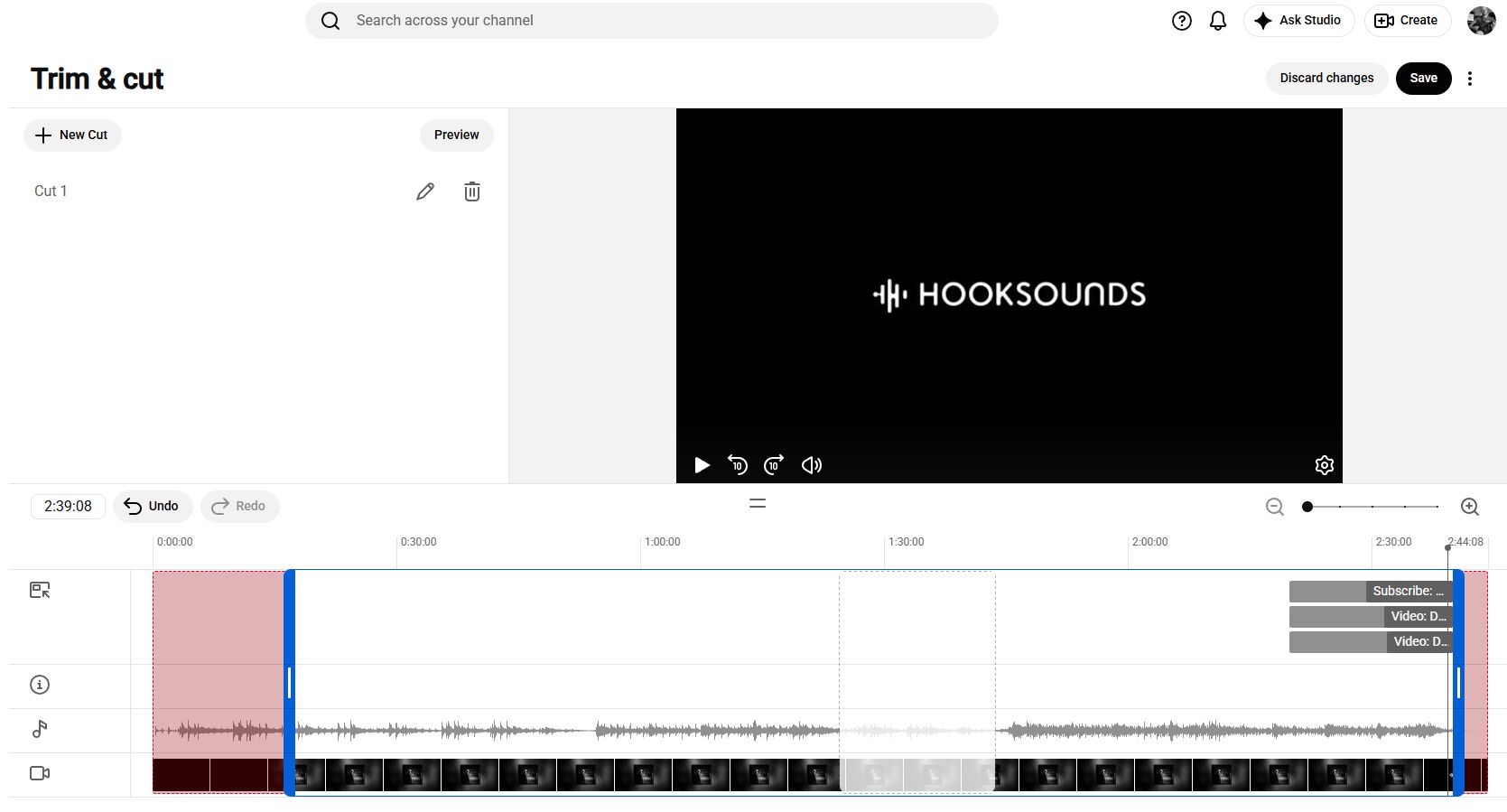 Ein Screenshot, der den „Trim & Cut“-Editor in YouTube Studio zeigt.