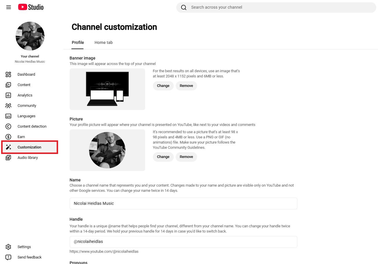 Ein Screenshot, der den Tab „Anpassung“ in YouTube Studio zeigt.