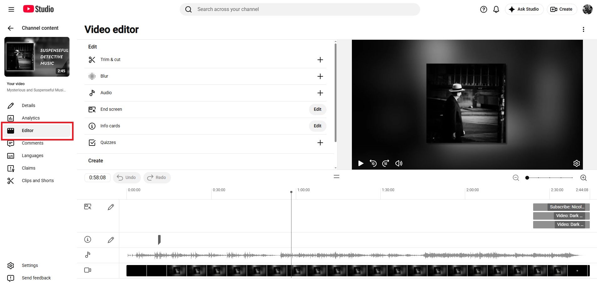 Ein Screenshot, der den Video-Editor von YouTube Studio zeigt.