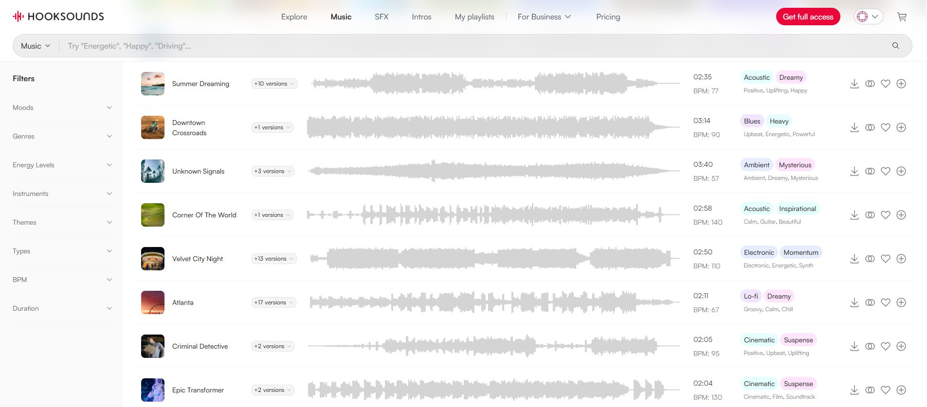 A screenshot of HookSounds’ music library.