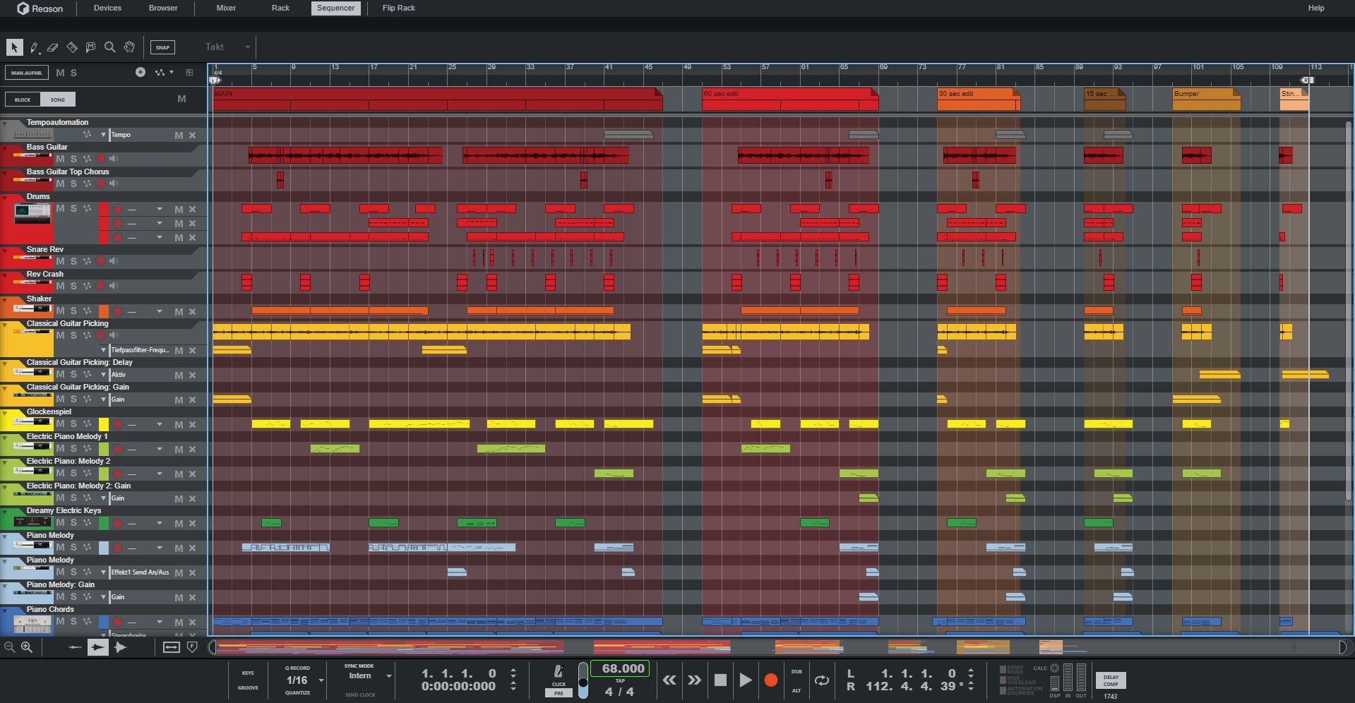 A Screenshot showing a track arrangement and creating versions.