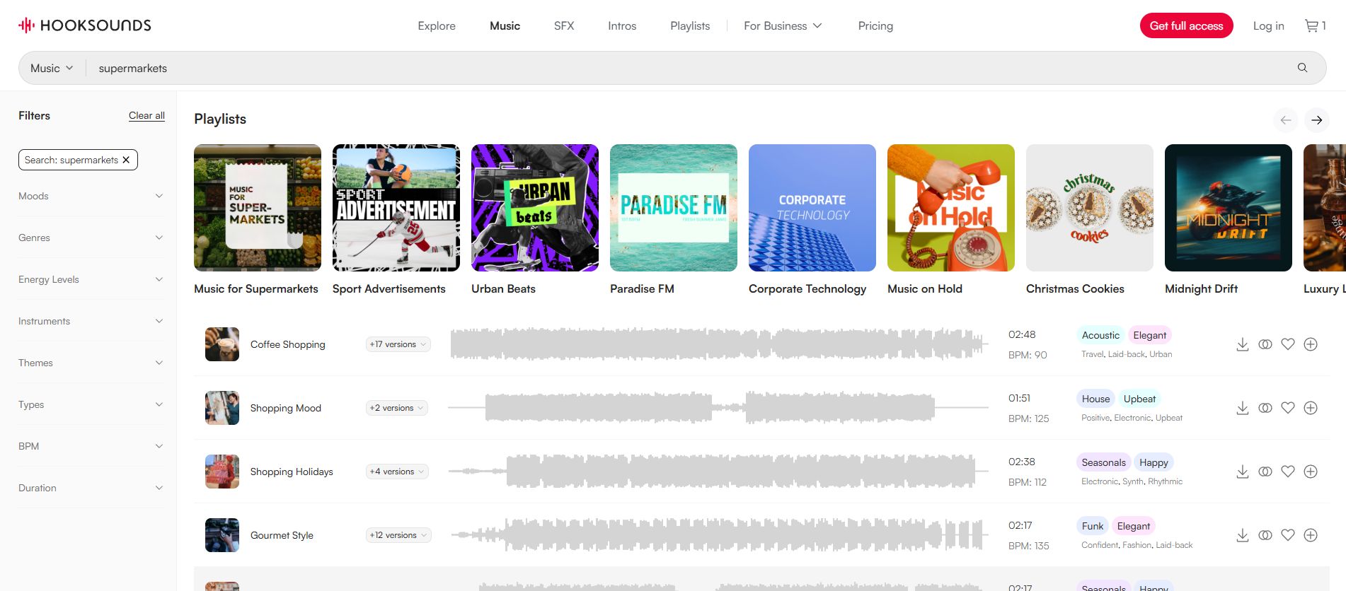 A screenshot of HookSounds' Royalty Free Music library for Stores and Businesses.