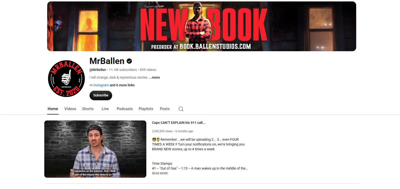 A screenshot of the YouTube channel of the famous mystery YouTuber Mr. Ballen. He has experienced significant growth over just a couple of years and is one of the best examples why you should start a mystery YouTube channel.