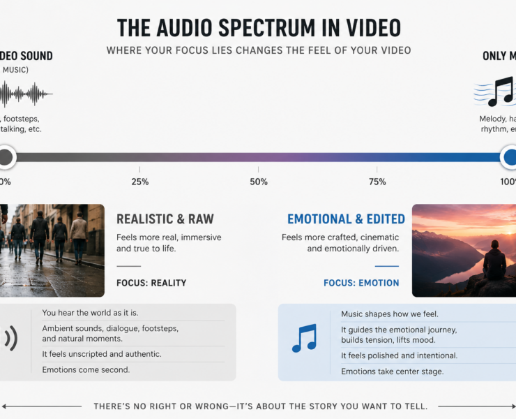 Uma infografia explicando o efeito da relação entre música e sons do vídeo em vídeos de viagem.