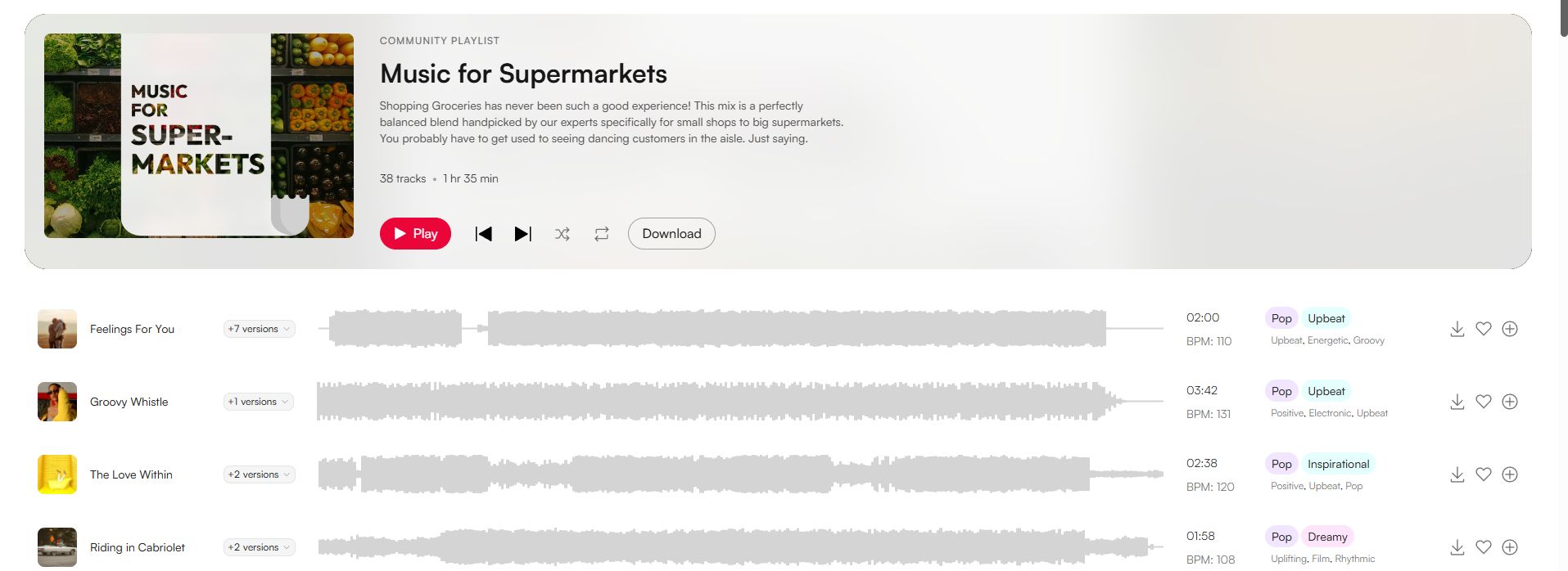 A screenshot of the curated supermarket music playlist on HookSounds.