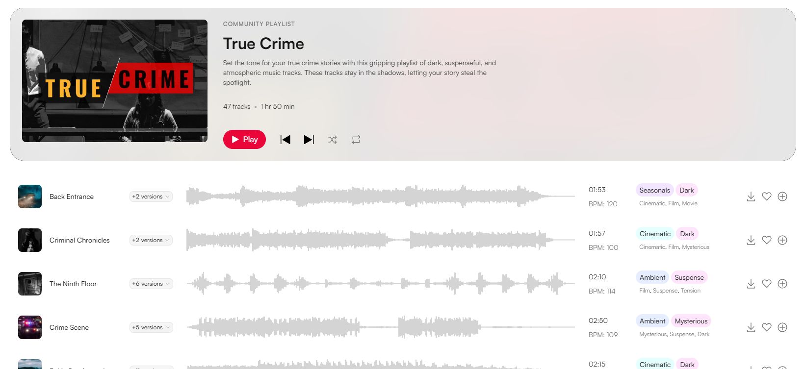 A screenshot of a true crime music playlist on HookSounds.