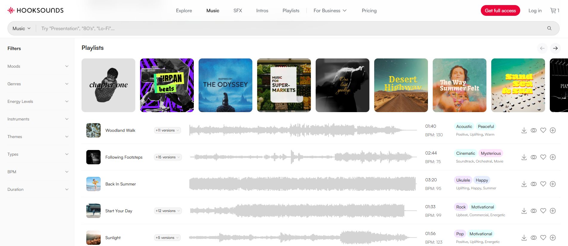 A screenshot showing the catalog of Royalty Free Music available at HookSounds.